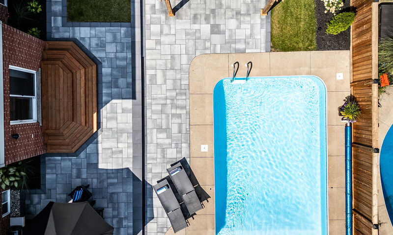 Aeriel view of backyard patio with pool